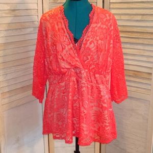 Kiyonna Hot Pink Lace V-Neck Blouse 2X